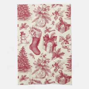 Vintage Red Toile Christmas Pattern with Stockings Tea Towel