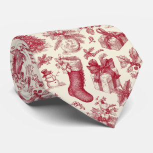 Vintage Red Toile Christmas Pattern with Stockings Tie