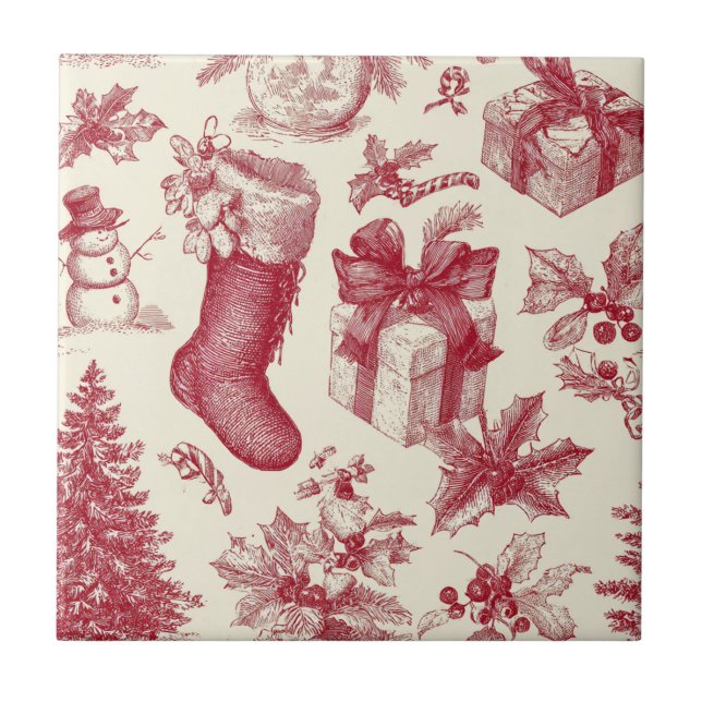 Vintage Red Toile Christmas Pattern with Stockings Tile (Front)