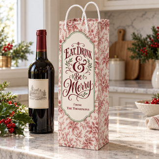 Vintage Red Toile Christmas Personalised Wine Gift Bag