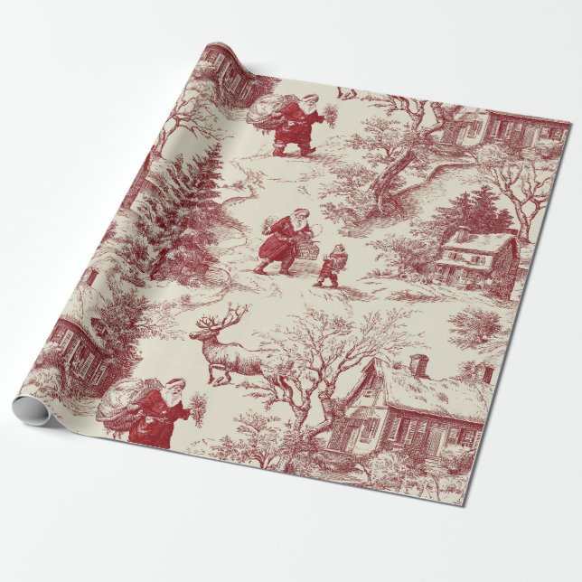Vintage Red Toile Christmas Village - Santa Wrapping Paper (Unrolled)