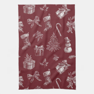 Vintage Red Toile Christmas with Stockings (2) Tea Towel