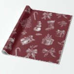 Vintage Red Toile Christmas with Stockings (2) Wrapping Paper<br><div class="desc">A seamless vintage Christmas toile pattern wrapping paper featuring classic holiday motifs intricately illustrated white line art on a red background. The design includes Christmas stockings filled with gifts, wrapped presents with ribbons, holly branches with berries, snowmen, Christmas trees, and candy canes, all rendered in fine, hand-drawn detail. This nostalgic...</div>