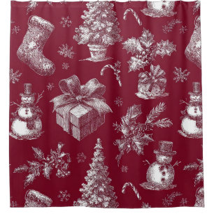 Vintage Red Toile Christmas with Stockings Shower Curtain