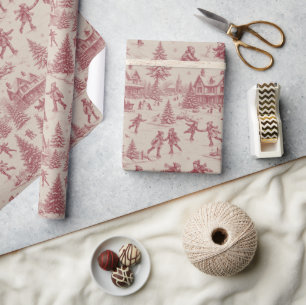 Vintage Red Toile de Jouy Ice Skating Christmas Wrapping Paper
