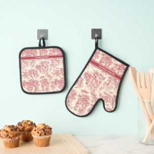 Vintage red toile de jouy printed oven mitt & pot holder set