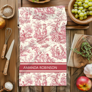 Vintage red toile de jouy printed tea towel