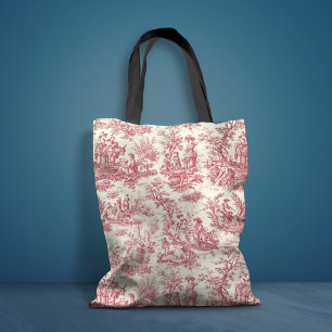 Vintage red toile de jouy printed tote bag