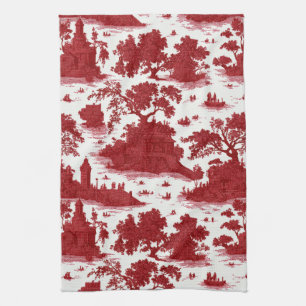 Vintage Red Toile Landscape (6) Tea Towel