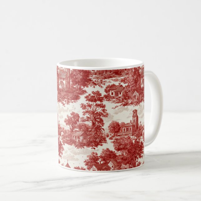 Vintage Red Toile Landscape Nature Pattern Coffee Mug (Front Right)