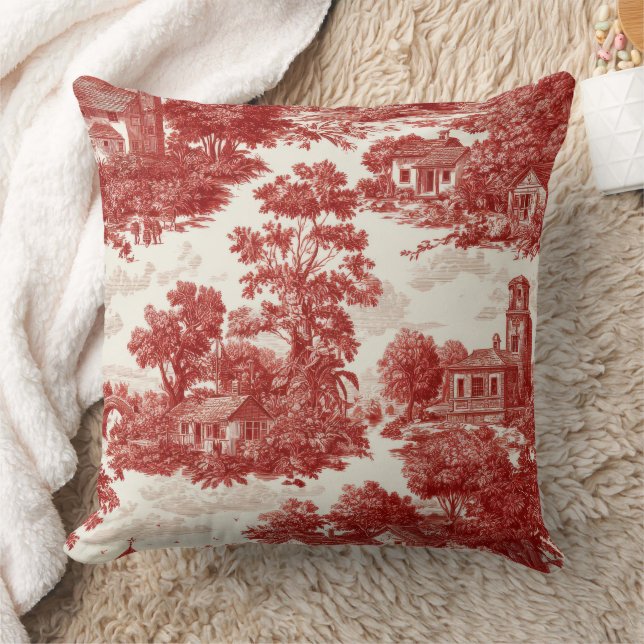 Vintage Red Toile Landscape Nature Pattern Cushion (Blanket)