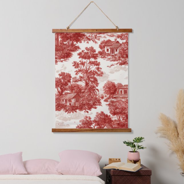 Vintage Red Toile Landscape Nature Pattern Hanging Tapestry (Bedroom)