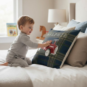 Vintage Red Toy Car Plaid Nursery Name Throw Cushion