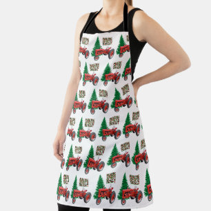 Vintage Red Tractor And Tree Christmas Apron