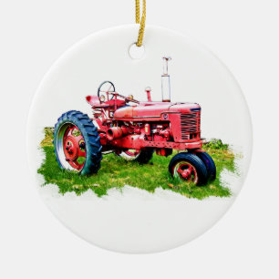 Vintage Red Tractor in the Field Ceramic Tree Decoration