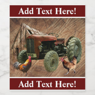 Vintage Red Tractor Rustic Barn Shed Hen Rooster Wine Label