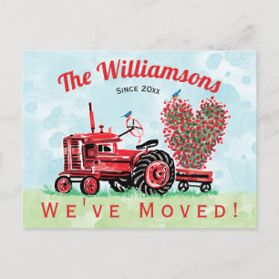Vintage Red Tractor with Floral Heart Moving Announcement Postcard