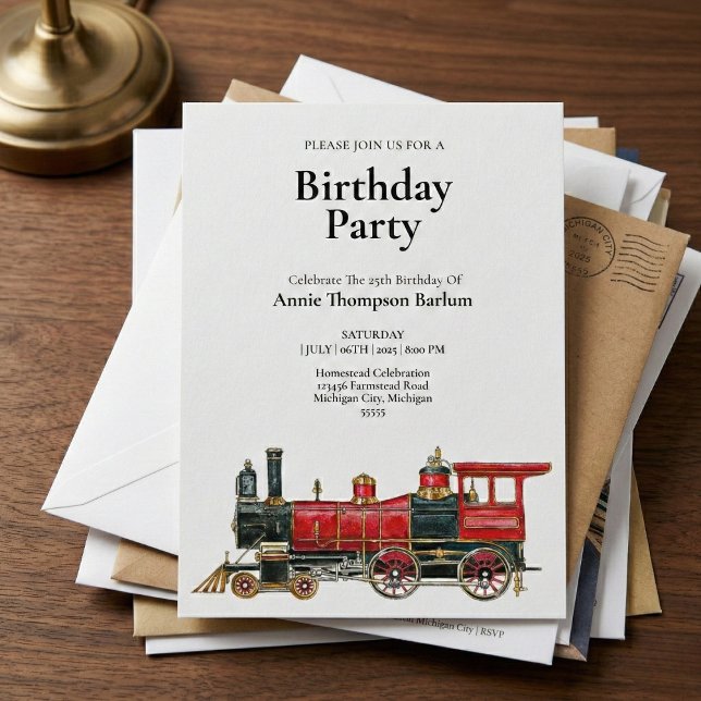  Vintage Red Train Birthday Invitation  (Start your train birthday party right here.)