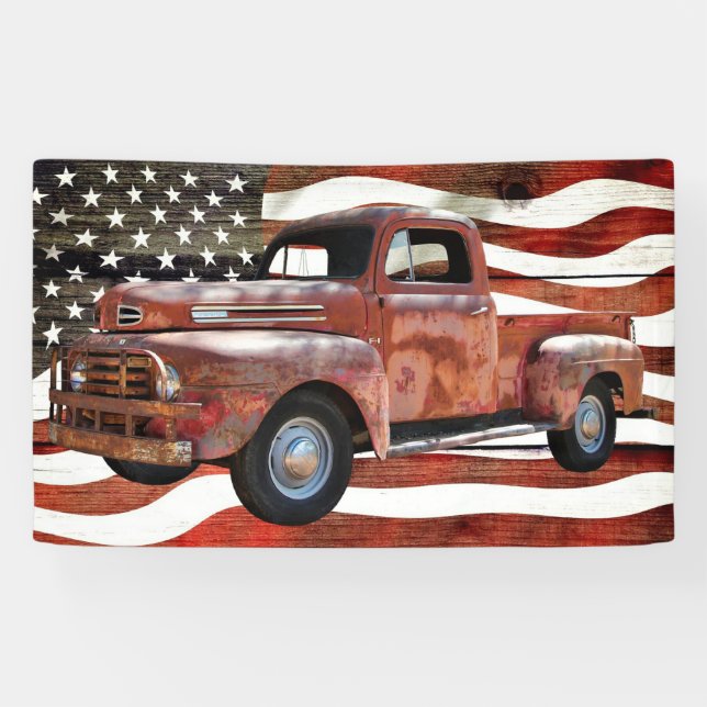 Vintage Red Truck American Flag Banner (Horizontal)