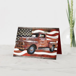 Vintage Red Truck American Flag Card