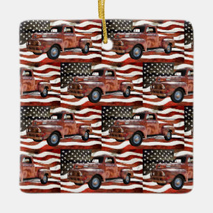 Vintage Red Truck American Flag Ceramic Ornament
