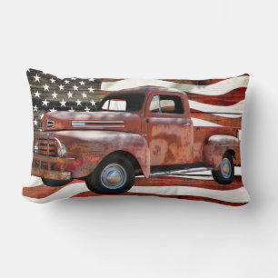 Vintage Red Truck American Flag Lumbar Cushion