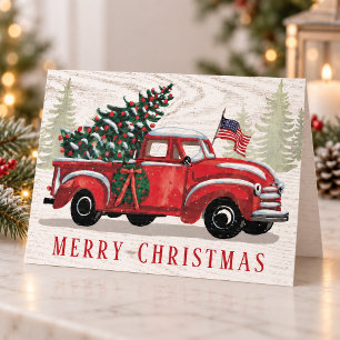 Vintage Red Truck American Flag Merry Christma Holiday Card