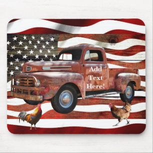 Vintage Red Truck American Flag Rooster Hen Mouse Mat