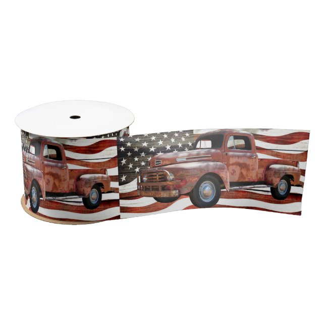 Vintage Red Truck American Flag Satin Ribbon (Spool)