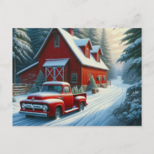 Vintage Red Truck and Barn Postcard
