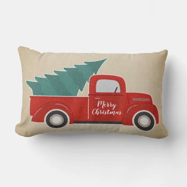 Vintage Red Truck and Christmas Tree Lumbar Cushion (Front)