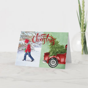 Vintage Red Truck and Pine Forest Photo Christmas Holiday Card