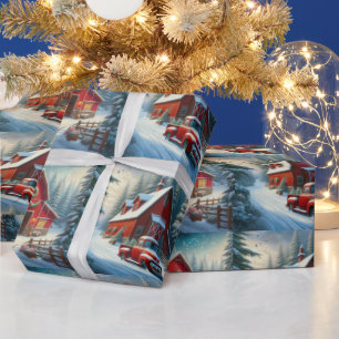 Vintage Red Truck and Red Barn Christmas  Wrapping Paper