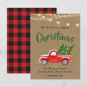 Vintage Red Truck and Tree Rustic  Holiday Postcard