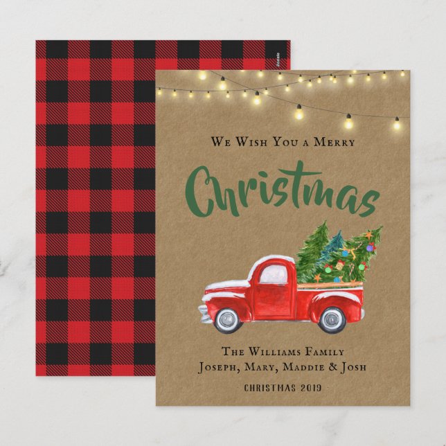 Vintage Red Truck and Tree Rustic  Holiday Postcard (Front/Back)
