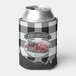 Vintage Red Truck Black White Buffalo Plaid Can Cooler