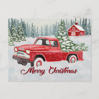 Vintage Red Truck Bringing Christmas Cheer in the Holiday Postcard