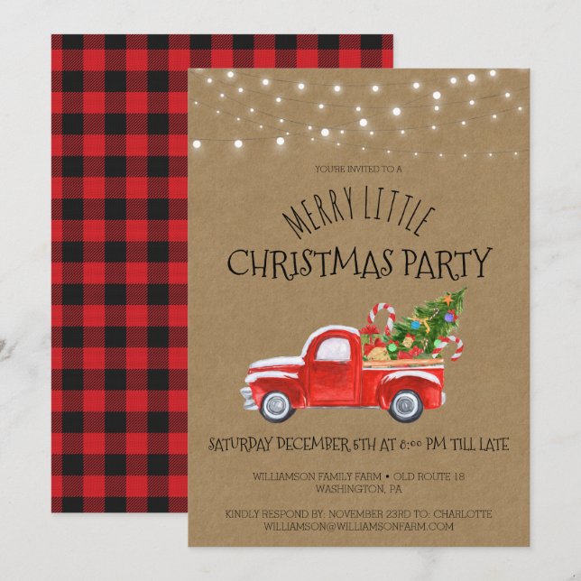 Vintage Red Truck & Buffalo Plaid Christmas Party Invitation (Front/Back)