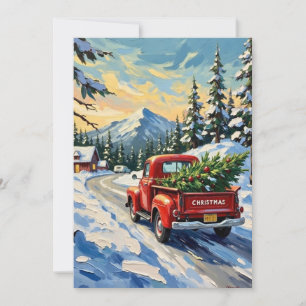 Vintage Red Truck Carrying Christmas Tree Holiday Card