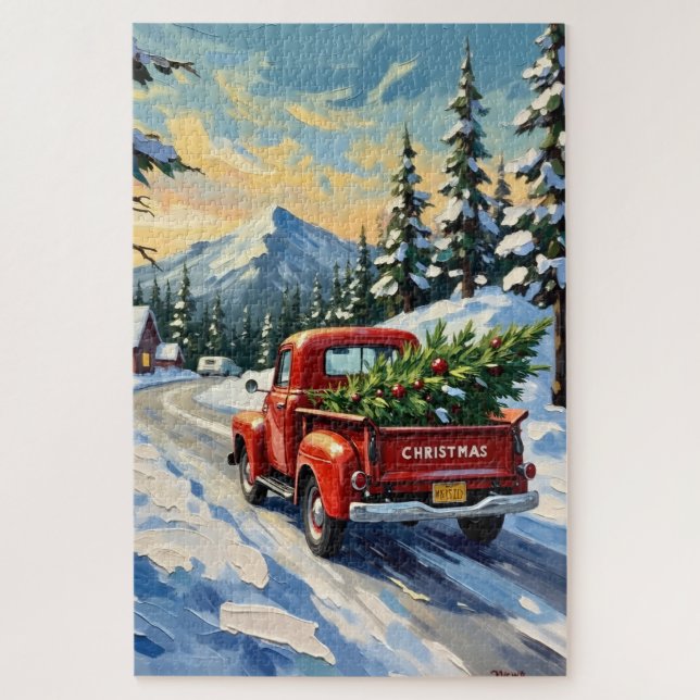 Vintage Red Truck Carrying Christmas Tree Jigsaw Puzzle (Vertical)