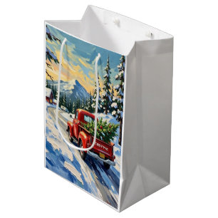 Vintage Red Truck Carrying Christmas Tree Medium Gift Bag