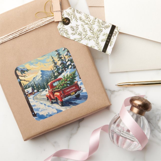 Vintage Red Truck Carrying Christmas Tree Square Sticker (Gifting)