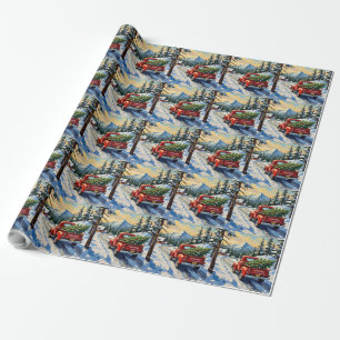 Vintage Red Truck Carrying Christmas Tree Wrapping Paper