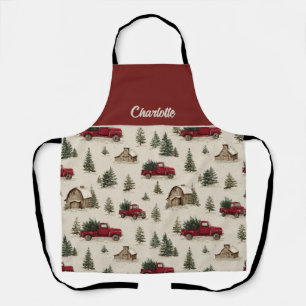 Vintage Red Truck Carrying Christmas Trees Apron