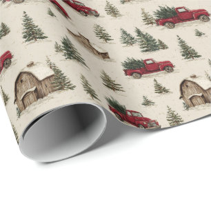 Vintage Red Truck Carrying Christmas Trees Wrapping Paper