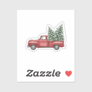 Vintage Red Truck Carrying Snowy Christmas Tree