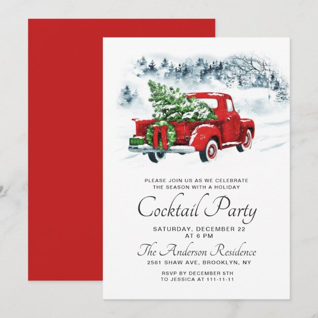Vintage Red Truck Christmas Holiday Cocktail Party Invitation (Front/Back)