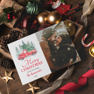 Vintage Red Truck Christmas Holiday Photo Card