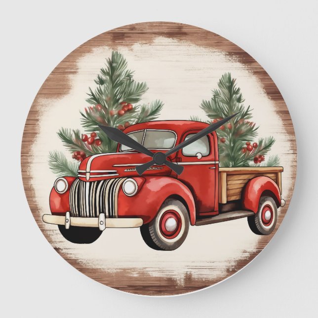 Vintage Red Truck Christmas Large Clock (Front)