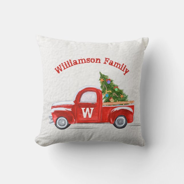 Vintage Red Truck Christmas Monogram Family Name Cushion (Front)